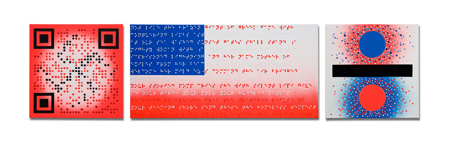 Triptych of three neon paintings in red and blue